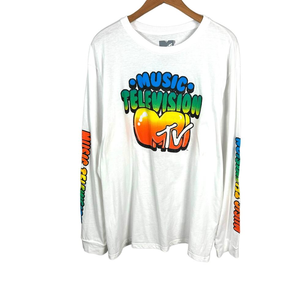 MTV Music Television 2XL White Long Sleeve Graphic Shirt Retro Rainbow Logo
